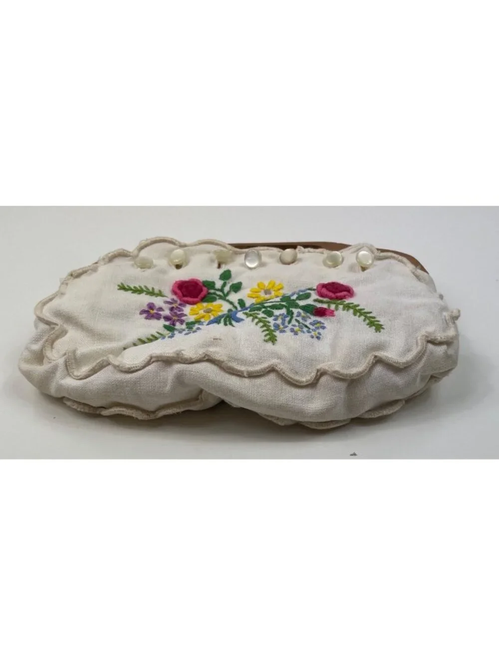 Vintage Embroidered Clutch CHILD Purse Hand Embroidered Floral Wooden Handle